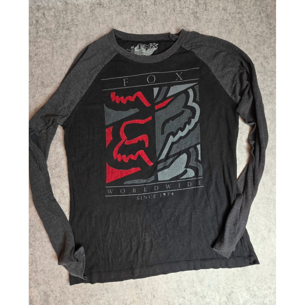 Fox Racing Mens Long Sleeve Raglan Shirt Black Grey Red Graphic Tee Size M